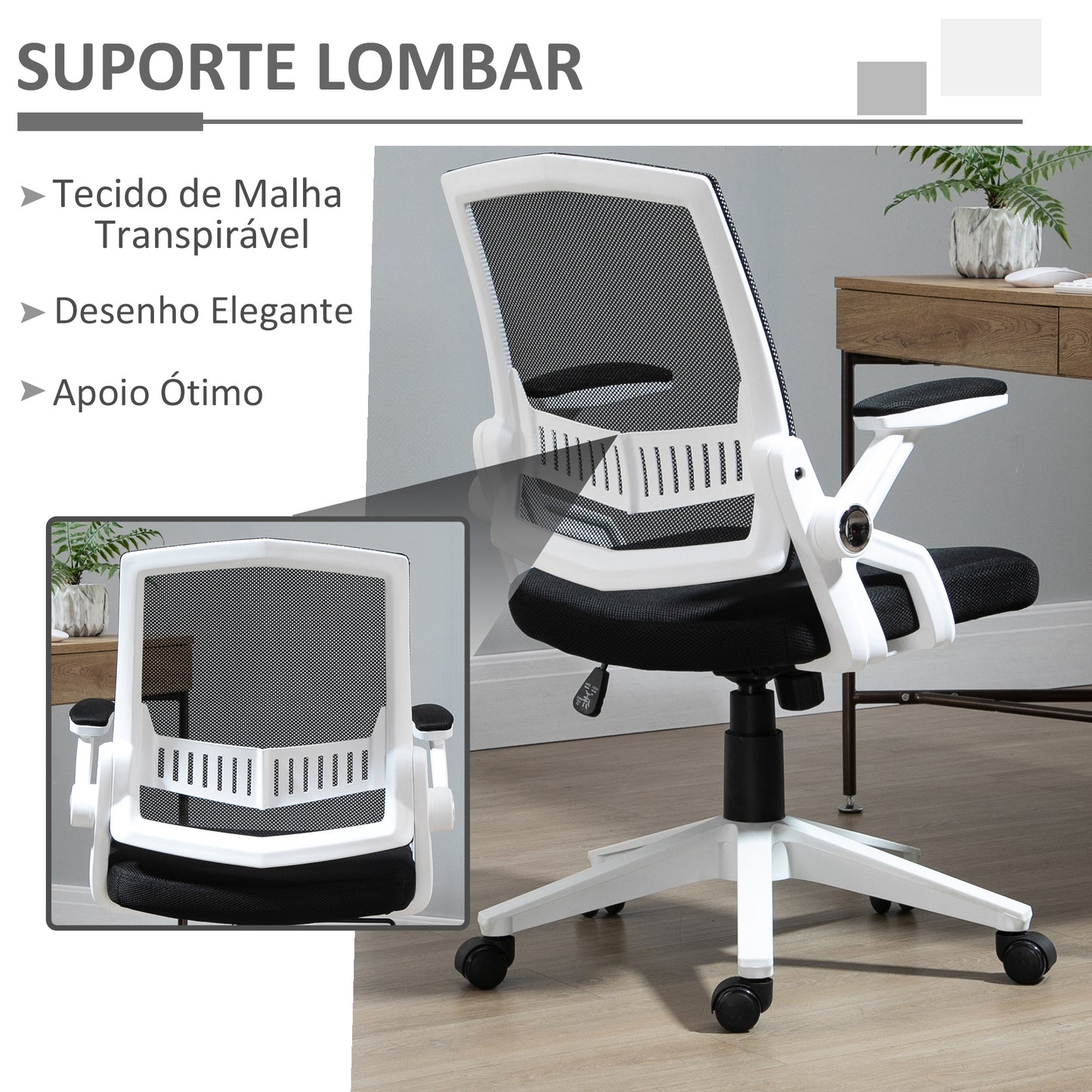 Vinsetto Cadeira de Escritório Ergonômica Cadeira de Escritório Basculante com Altura Ajustável Apoio para o Braço Dobrável Suporte Lombar e Malha Transpirável 61x61x94-104cm Preto