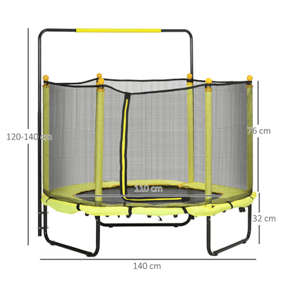 ZONEKIZ Trampolim Infantil Ø110 cm Trampolim para Crianças de 1-10 Anos com Rede de Segurança Barra Ajustável para Interior e Exterior Ø140x120-140 cm Amarelo