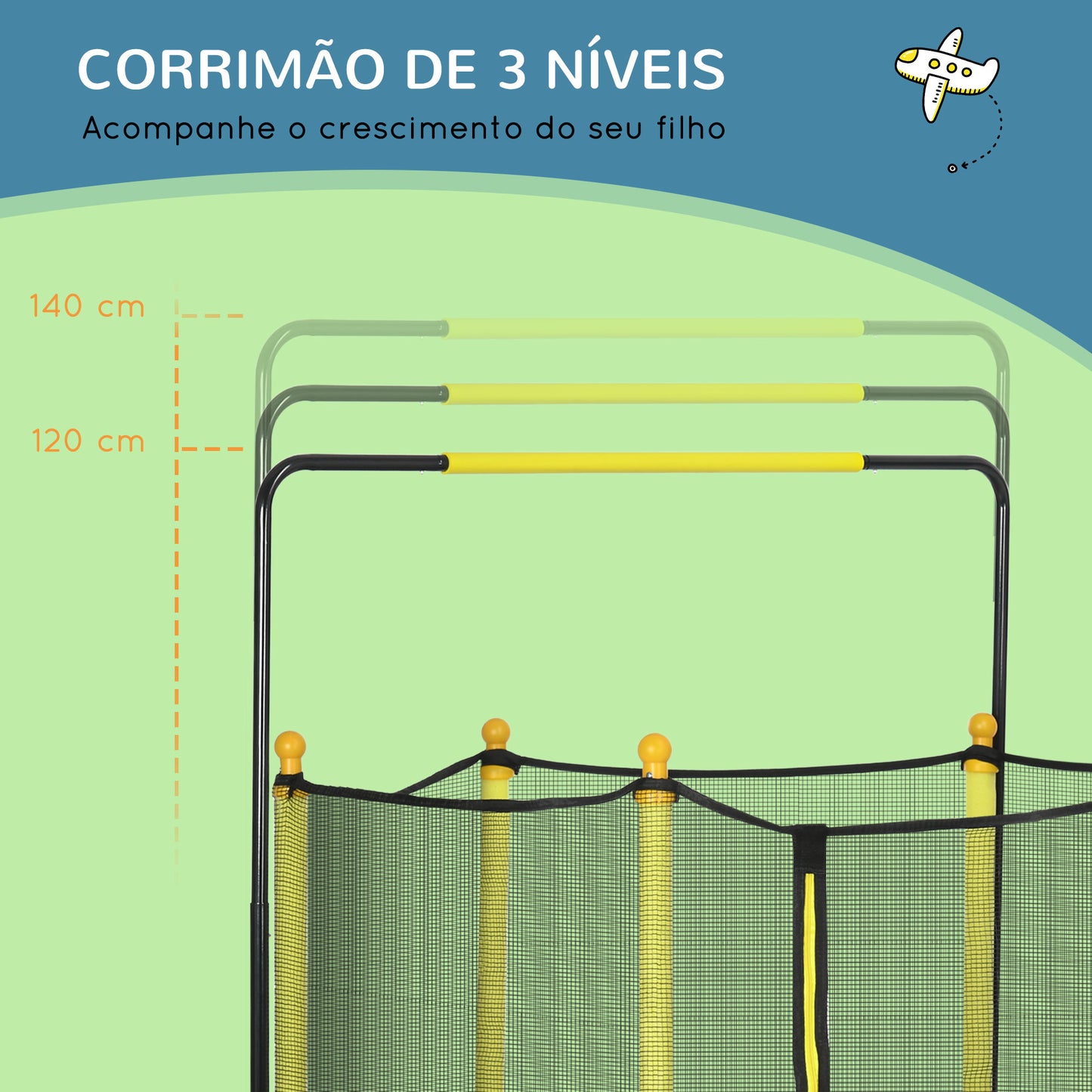 ZONEKIZ Trampolim Infantil Ø110 cm Trampolim para Crianças de 1-10 Anos com Rede de Segurança Barra Ajustável para Interior e Exterior Ø140x120-140 cm Amarelo