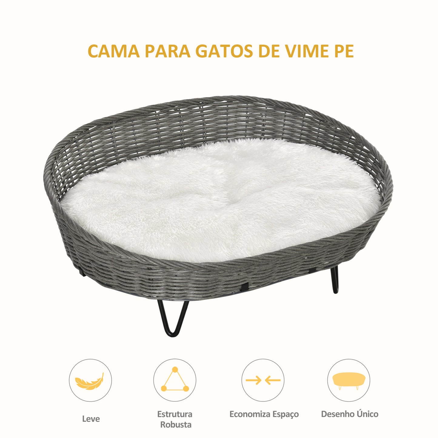 PawHut Cama para Cães e Gatos de Vime Cama de Vime para Animais de Estimação Médios e Pequenos com Almofada Lavável e Pés Elevados 76x59x32cm Cinza