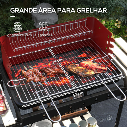 Outsunny Barbecue a Carvão com Rodas Barbecue Portátil com Grelha Ajustável em Altura e Prateleiras para Piquenique Campismo 103x47x95 cm Vermelho e Preto