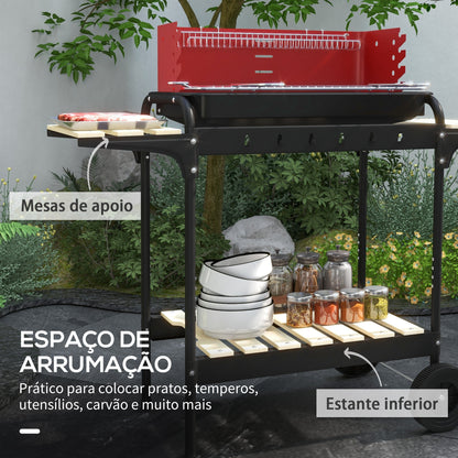 Outsunny Barbecue a Carvão com Rodas Barbecue Portátil com Grelha Ajustável em Altura e Prateleiras para Piquenique Campismo 103x47x95 cm Vermelho e Preto