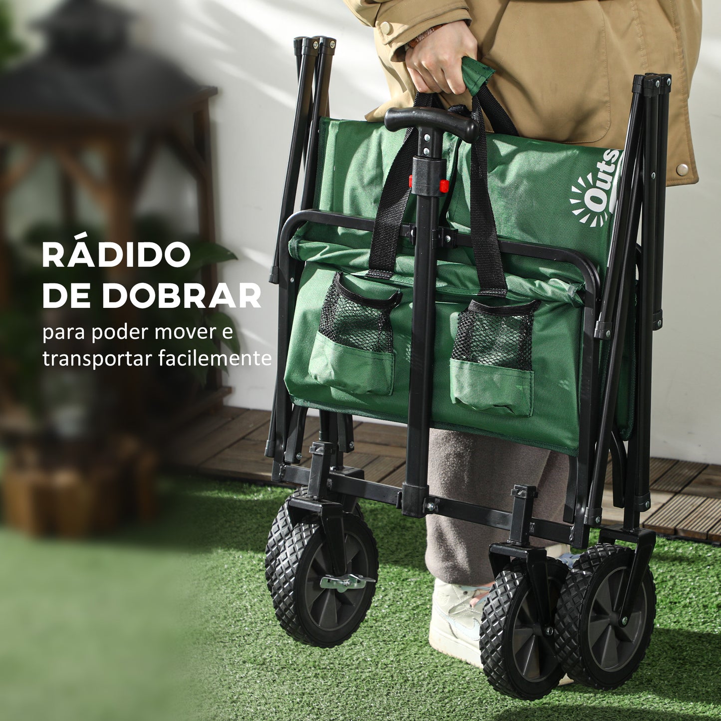 Outsunny Carrinho de Transporte Dobrável com Guiador Ajustável Roda Universal e Travão para Jardim Campismo Estrutura de Aço Carga Máxima 40 kg 83x50x69-99 cm Verde