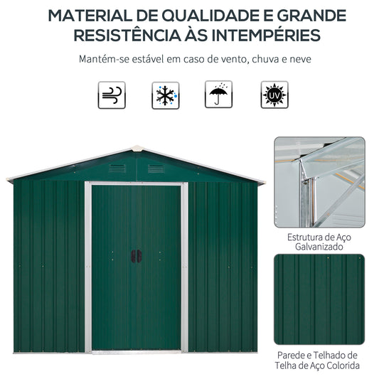 Outsunny Abrigo de Jardim de 4,1 m² 236x174x190 cm Abrigo de Exterior para Armazenamento de Ferramentas com Portas de Correr e 4 Janelas de Ventilação para Pátio Verde