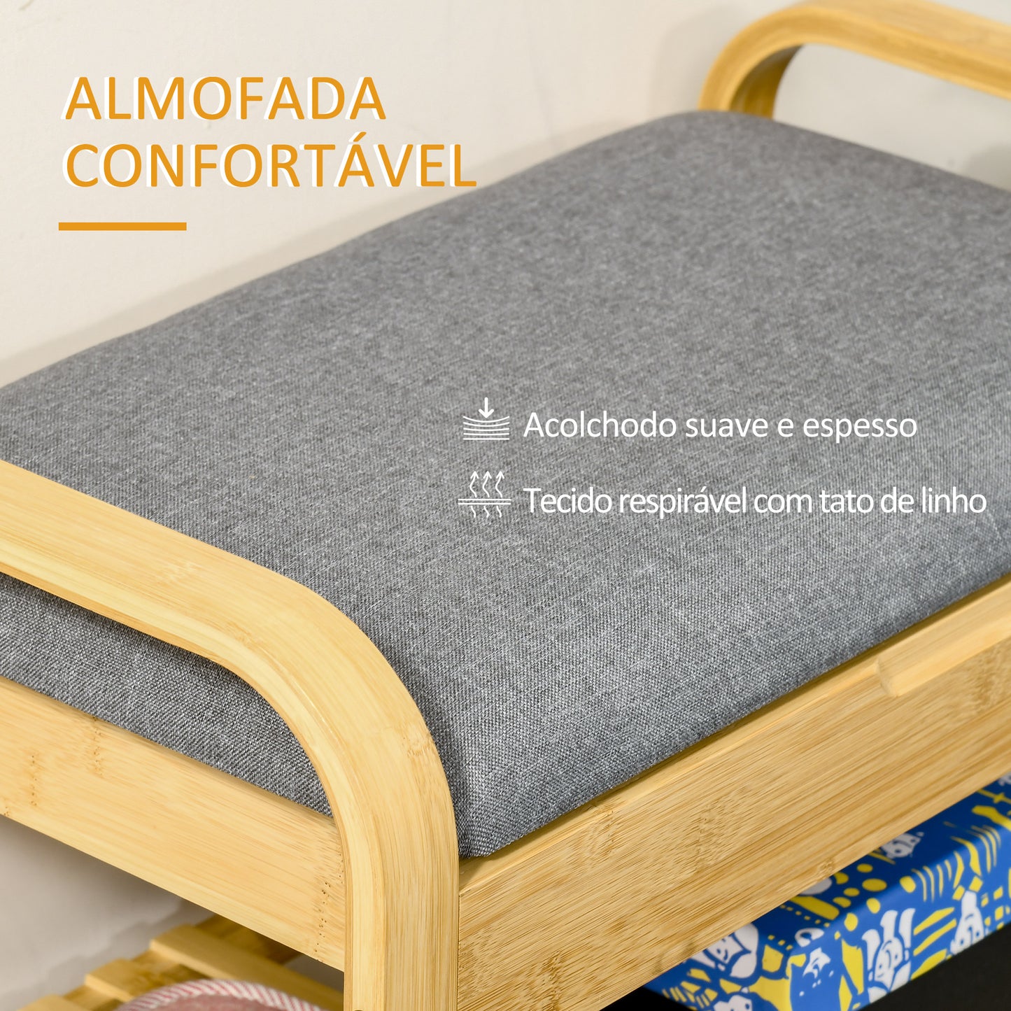 HOMCOM Banco Sapateira de Bambú Banco para Sapatos com Prateleira Almofada Acolchoada Abatível e Espaço Oculto de Armazenamento para Entrada Corredor 60x33x50cm Natural