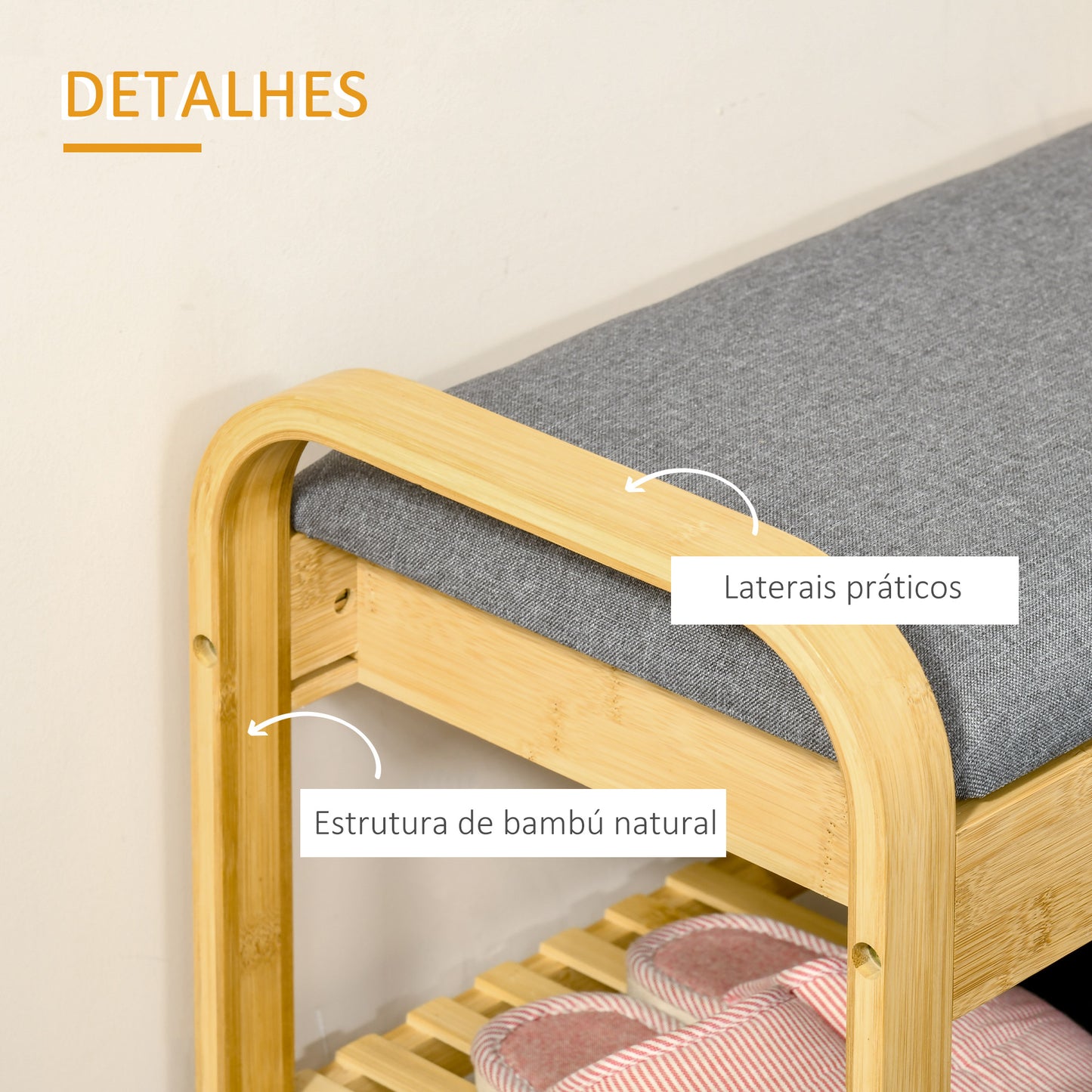 HOMCOM Banco Sapateira de Bambú Banco para Sapatos com Prateleira Almofada Acolchoada Abatível e Espaço Oculto de Armazenamento para Entrada Corredor 60x33x50cm Natural