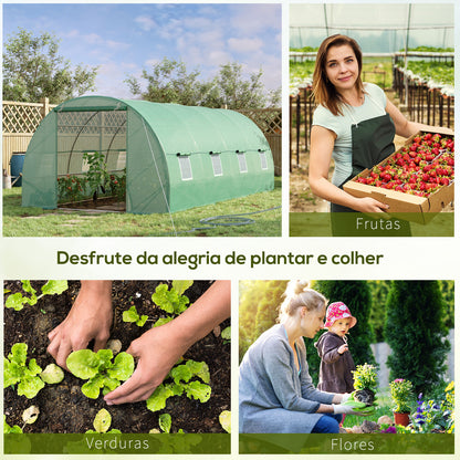 Outsunny Estufa Tipo Túnel 600x300x200cm com Porta Enrolável 8 Janelas Cobertura de PE 140g/m² e Tubo de Aço para Cultivos de Plantas Verduras Verde