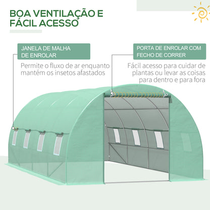 Outsunny Estufa Tipo Túnel 600x300x200cm com Porta Enrolável 8 Janelas Cobertura de PE 140g/m² e Tubo de Aço para Cultivos de Plantas Verduras Verde