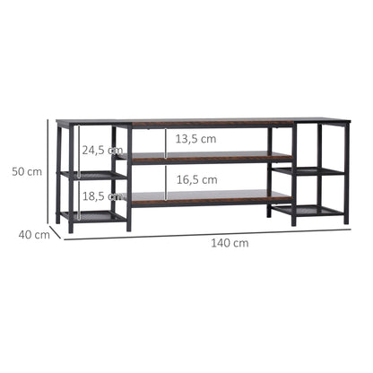 HOMCOM Móvel de TV para Televisores de até 65 Polegadas Armário para TV com 6 Prateleiras Abertas para Dormitório Estilo Industrial 140x40x50cm Marrom e Preto