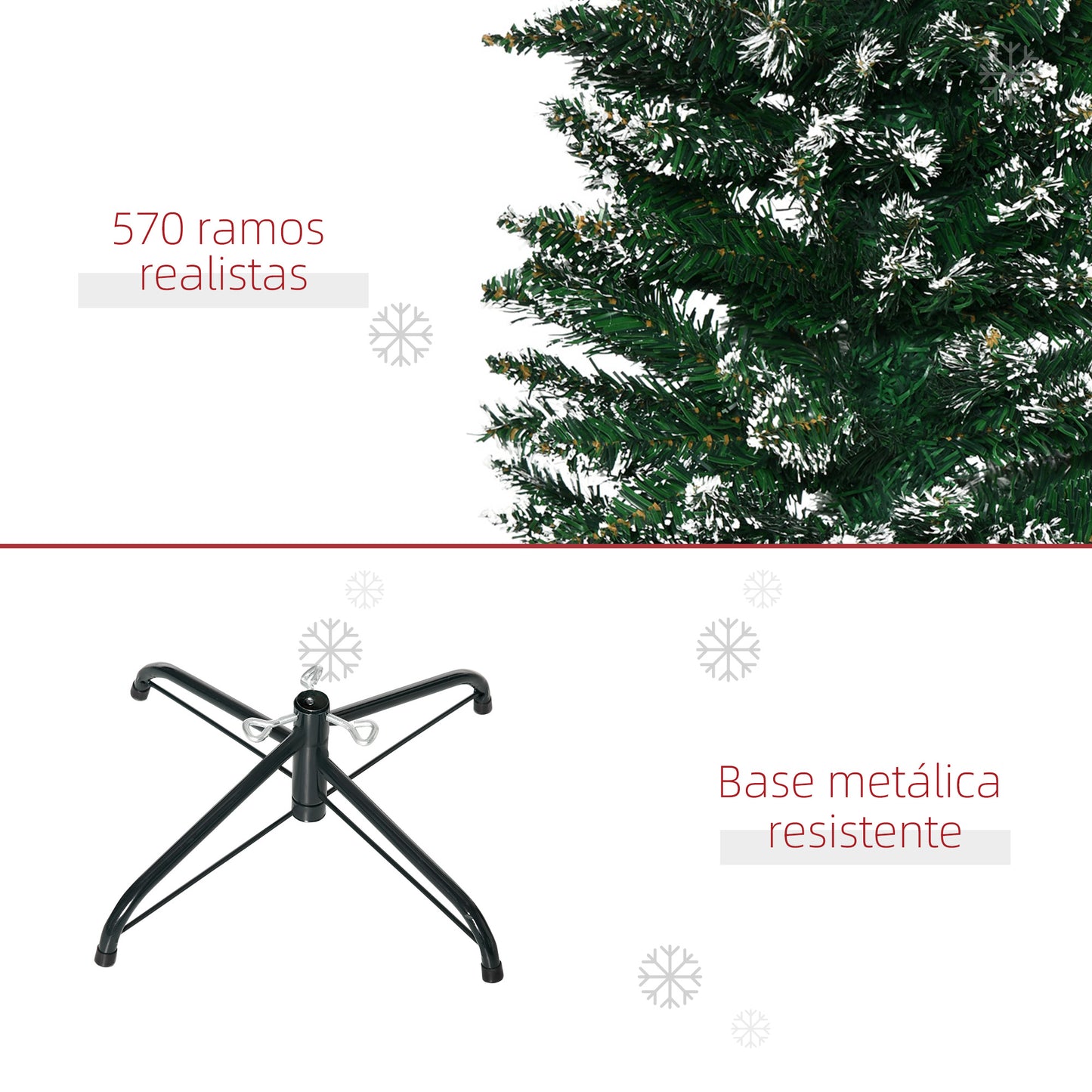 HOMCOM Árvore de Natal Artificial Altura 190 cm com 570 Ramos de PVC Ignífugos Base Dobrável e Suporte Metálico Decoração de Natal para Interiores Ø53x190 cm Verde