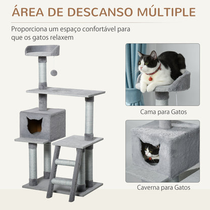 PawHut Árvore Arranhadora para Gatos Torre de Escalada com Plataformas Escada Caverna Postes de Juta e Bola Suspensa 60,5x40x124cm Cinza