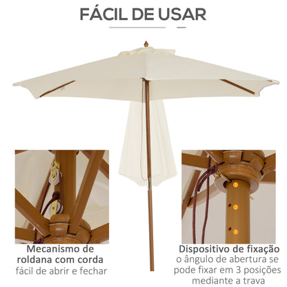 Outsunny Chapéu de Sol Ø250x225cm Chapéu de Sol com Mastro de Madeira com 6 Hastes Sistema de Polia com Fixação para Jardim Pátio Terraço Creme