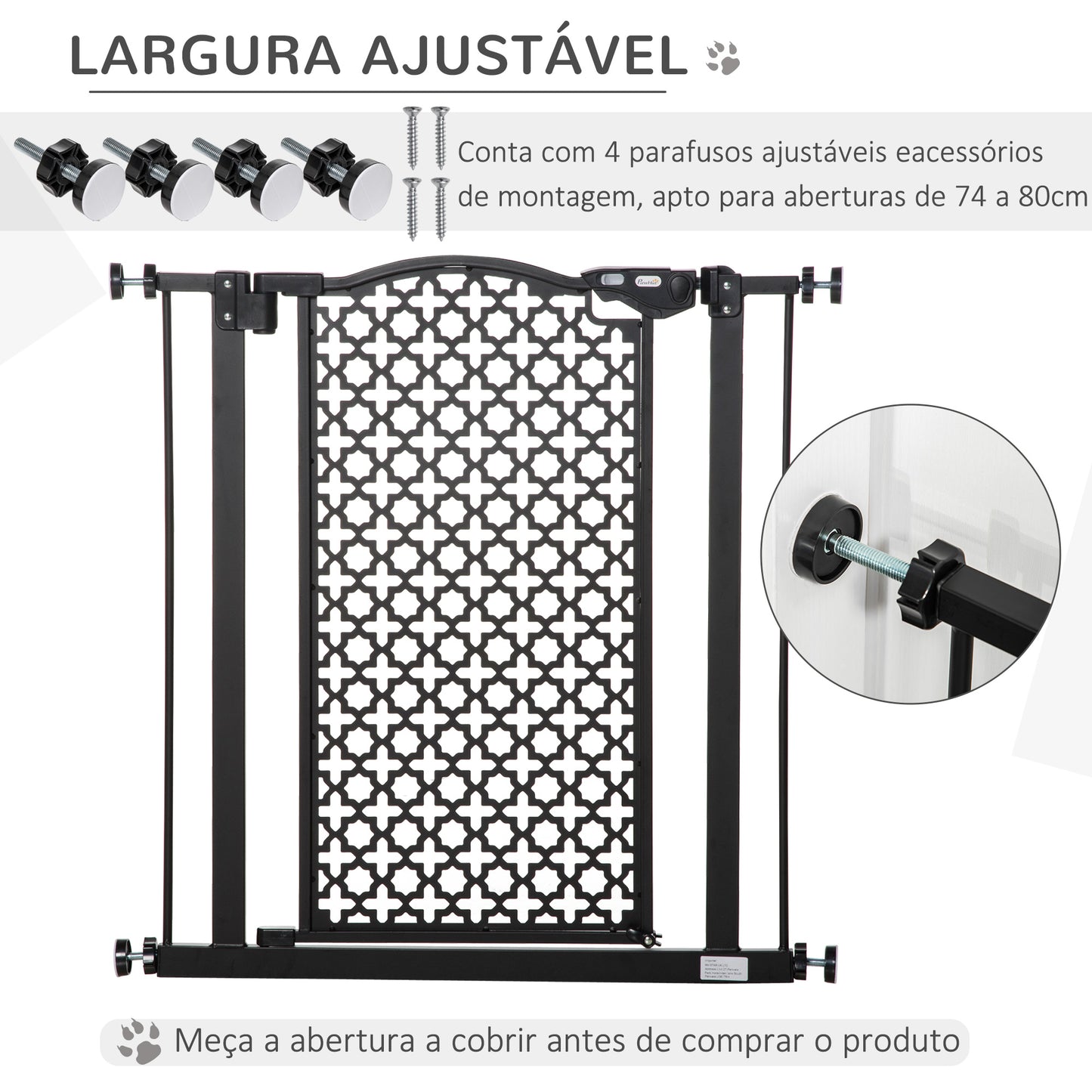 PawHut Barreira de Segurança para Cães Animais de Estimação para Portas Escadas Corredores 74-80cm com Porta e Fechadura Automática Aço Preto