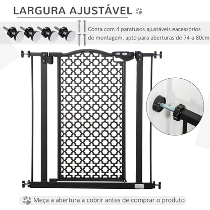 PawHut Barreira de Segurança para Cães Animais de Estimação para Portas Escadas Corredores 74-80cm com Porta e Fechadura Automática Aço Preto