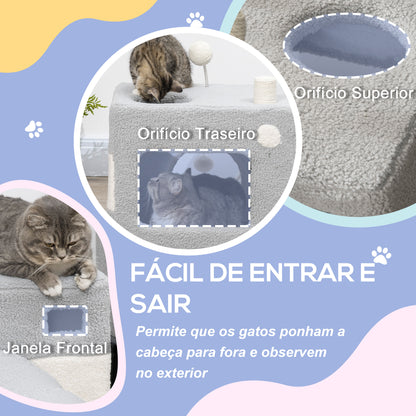 PawHut Túnel para Gatos com Caverna Túnel para Animais de Estimação com Orifício Superior Porta Dianteira Poste de Sisal e Bola Suspensa 48x95x58cm Cinza