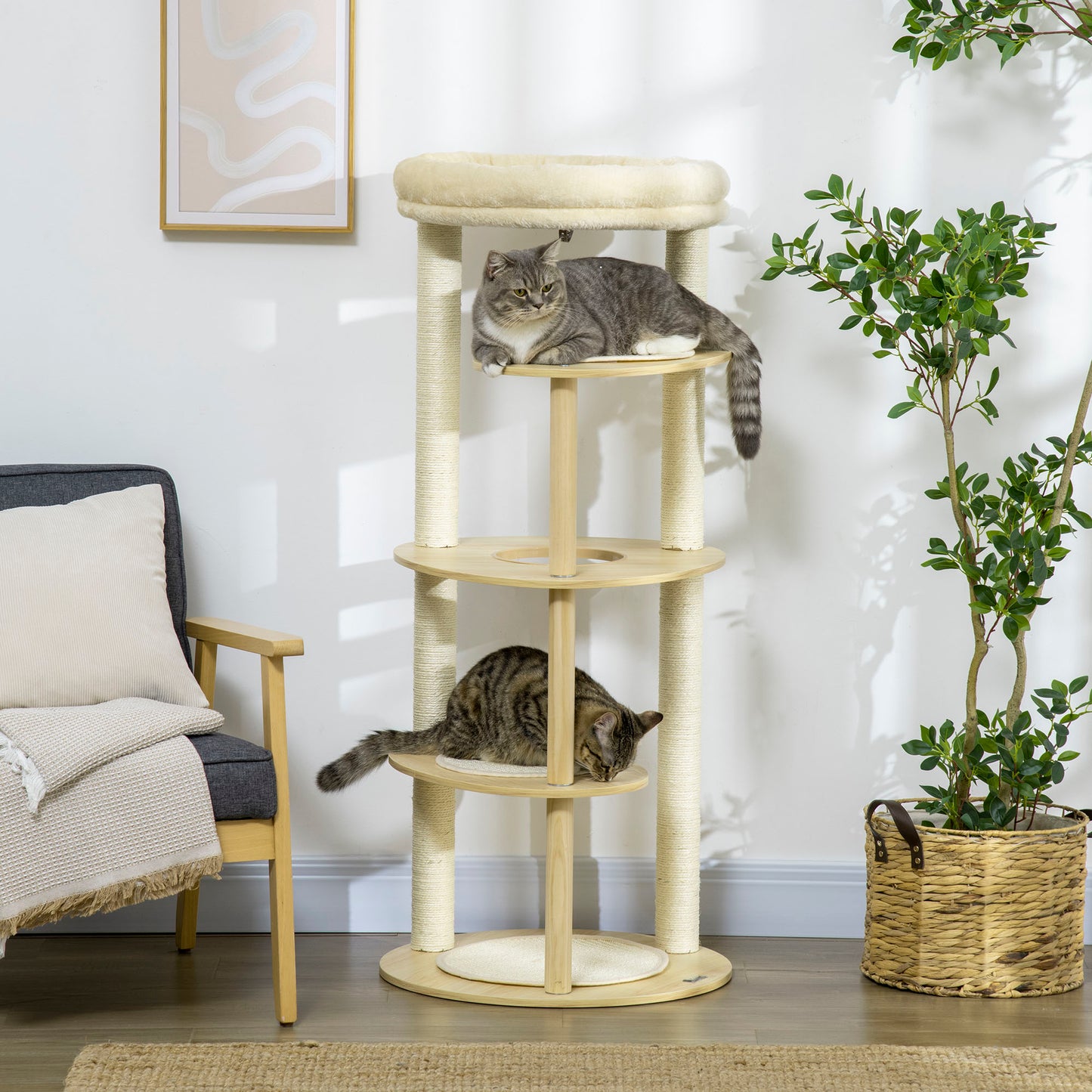 PawHut Árvore Arranhador para Gatos de Madeira 123,5cm Torre de Arranhar para Gatos com Múltiplas Plataformas Cama e Almofada Ø54x123,5 cm Carvalho