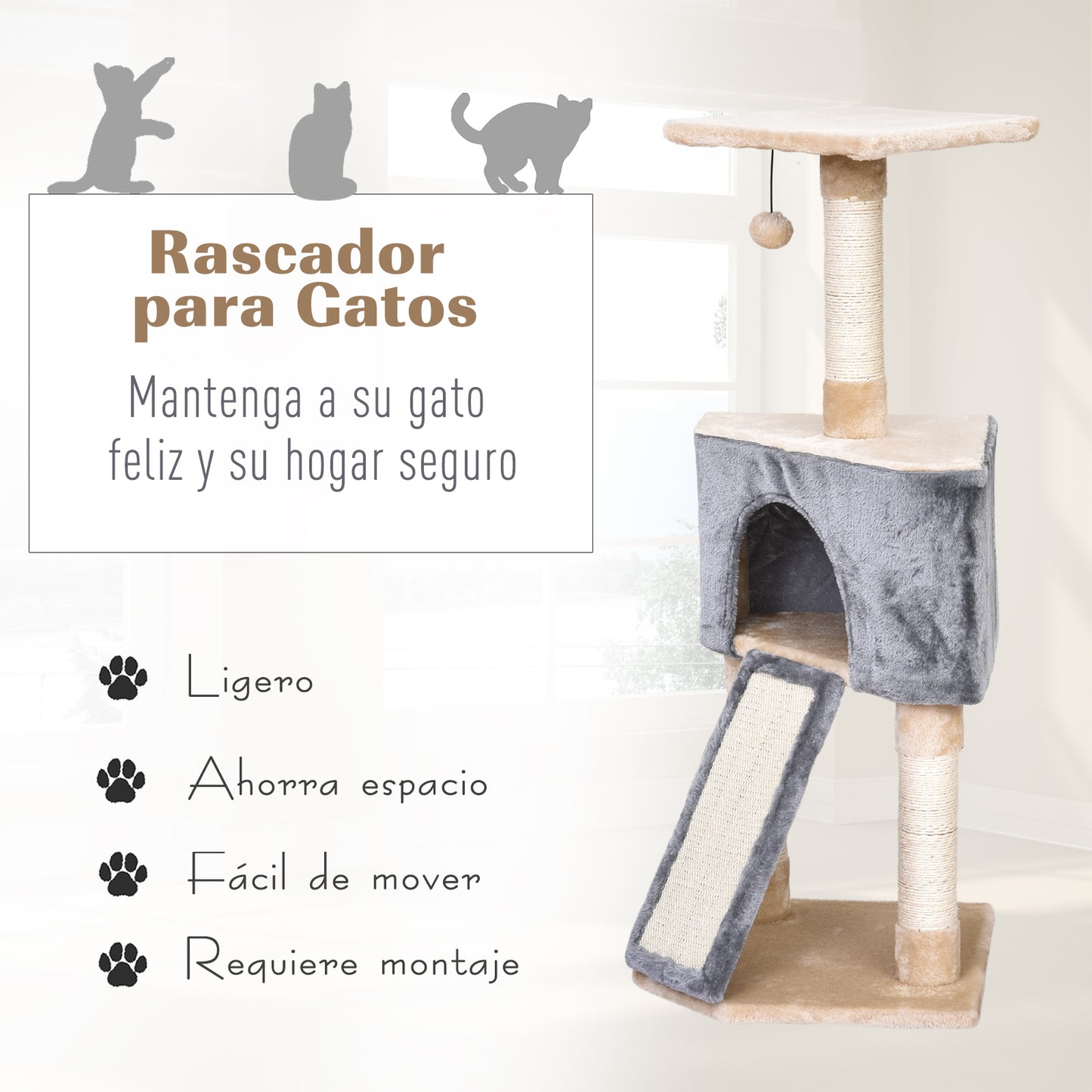 PawHut Árvore para gatos com caverna Brinquedo de suspensão Rampa de arranhões e pôsteres Raspadores Corda de sisal 40x40x98 cm Cinza e bege