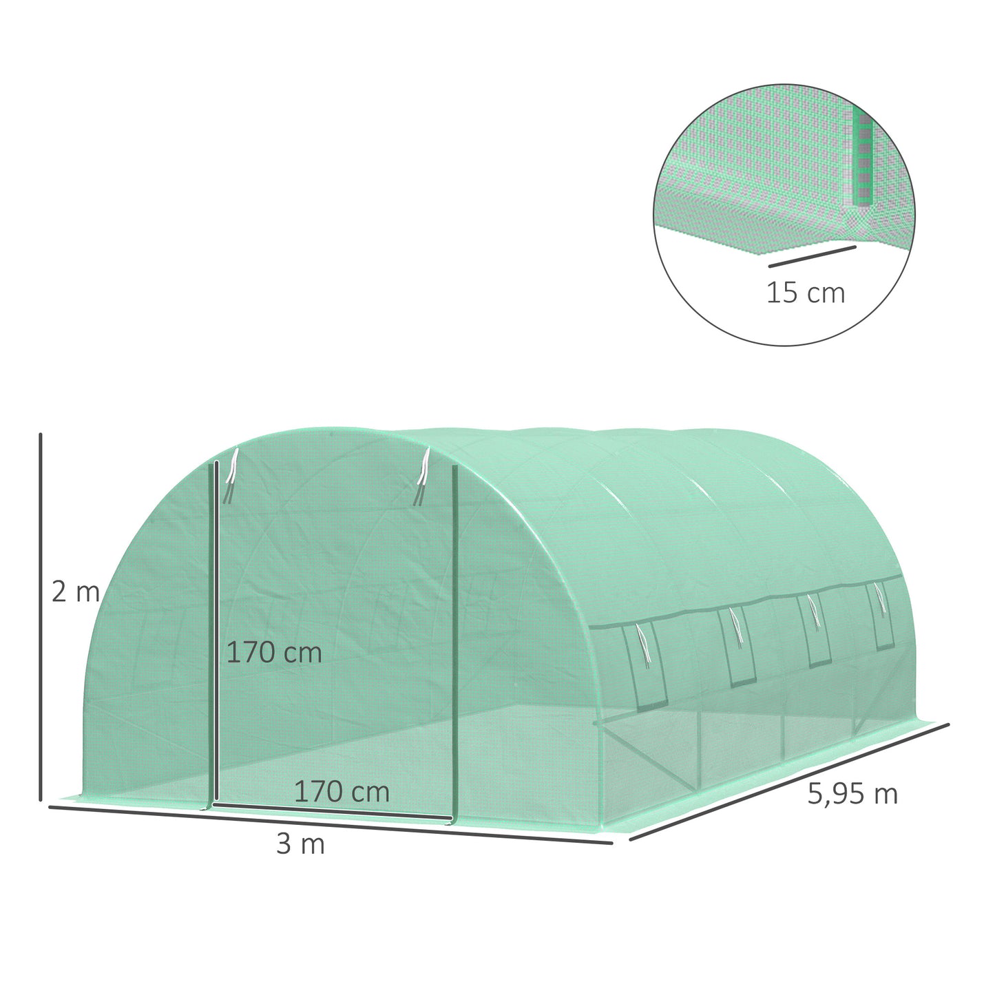 Outsunny Estufa Tipo Túnel 600x300x200cm com Porta Enrolável 8 Janelas Cobertura de PE 140g/m² e Tubo de Aço para Cultivos de Plantas Verduras Verde