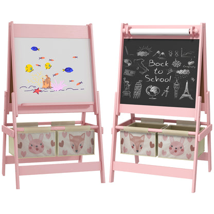 AIYAPLAY Cavalete para Crianças 3 em 1 Cavalete Infantil de Dupla Face Cavalete de Arte com Rolo de Papel Quadro e 2 Cestas de Armazenamento 54x46,5x93 cm Rosa