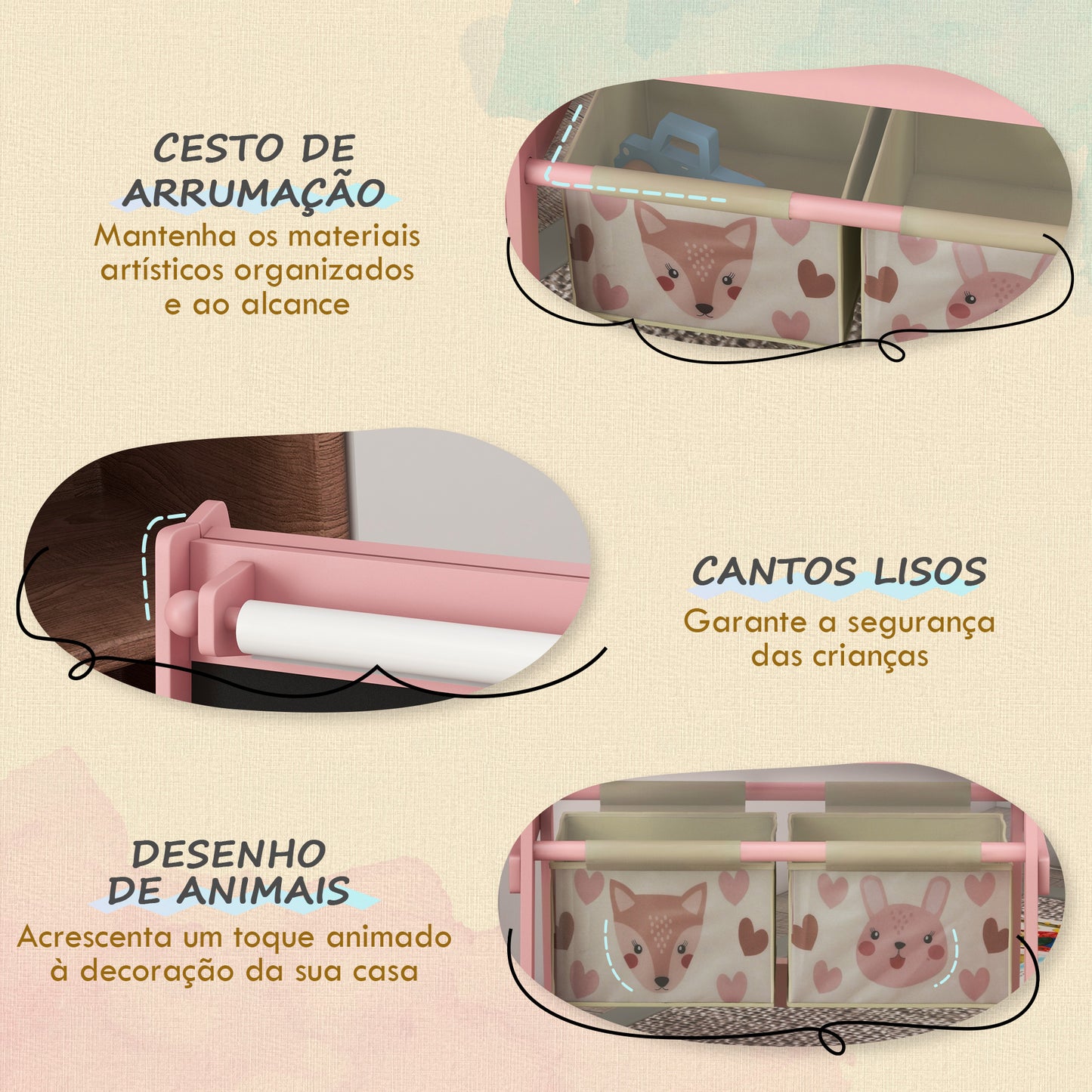 AIYAPLAY Cavalete para Crianças 3 em 1 Cavalete Infantil de Dupla Face Cavalete de Arte com Rolo de Papel Quadro e 2 Cestas de Armazenamento 54x46,5x93 cm Rosa