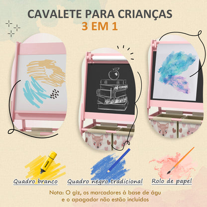 AIYAPLAY Cavalete para Crianças 3 em 1 Cavalete Infantil de Dupla Face Cavalete de Arte com Rolo de Papel Quadro e 2 Cestas de Armazenamento 54x46,5x93 cm Rosa