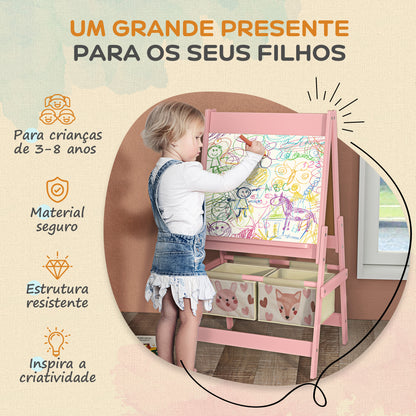 AIYAPLAY Cavalete para Crianças 3 em 1 Cavalete Infantil de Dupla Face Cavalete de Arte com Rolo de Papel Quadro e 2 Cestas de Armazenamento 54x46,5x93 cm Rosa