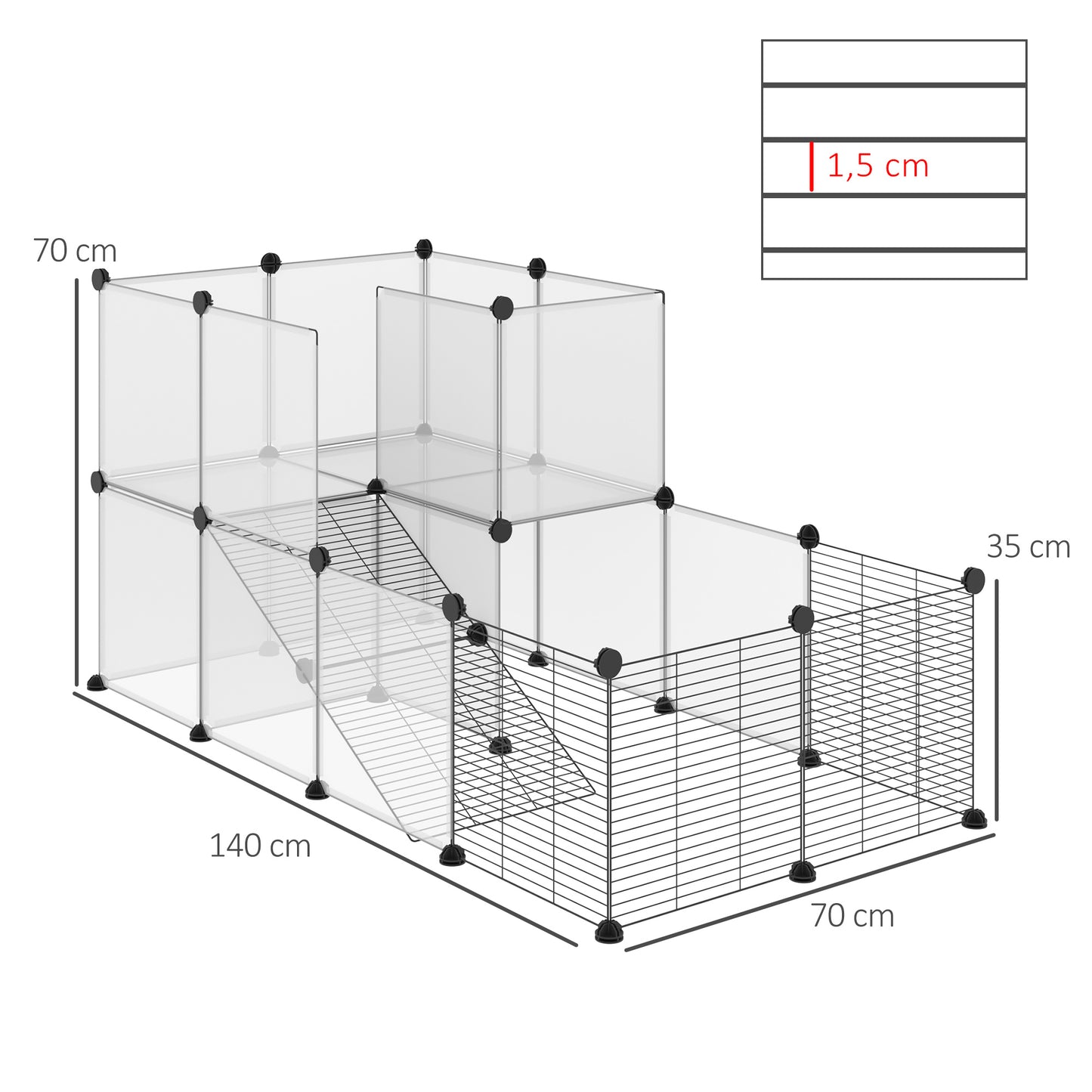 PawHut Recinto para Animais Pequenos Parque para Animais de Estimação com 27 Painéis e Forma Personalizável para Coelhos Chinchilas 140x70x70 cm Transparente e Preto