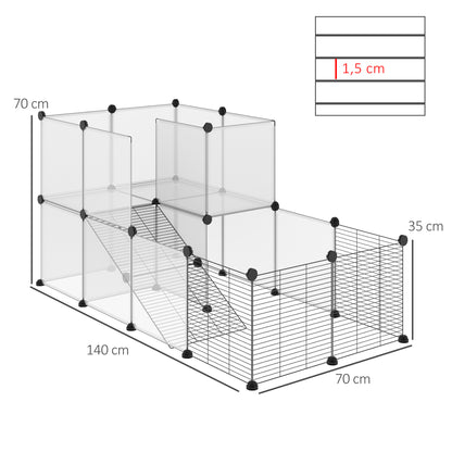 PawHut Recinto para Animais Pequenos Parque para Animais de Estimação com 27 Painéis e Forma Personalizável para Coelhos Chinchilas 140x70x70 cm Transparente e Preto