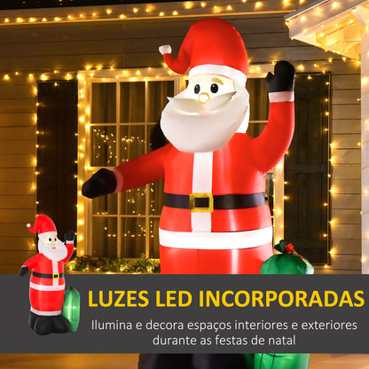 HOMCOM Pai Natal Insuflável com Saco de Presentes 3 Luzes LED IP44 e Inflador Elétrico Decoração de Natal para Interiores e Exteriores 148x85x240cm Vermelho e Verde