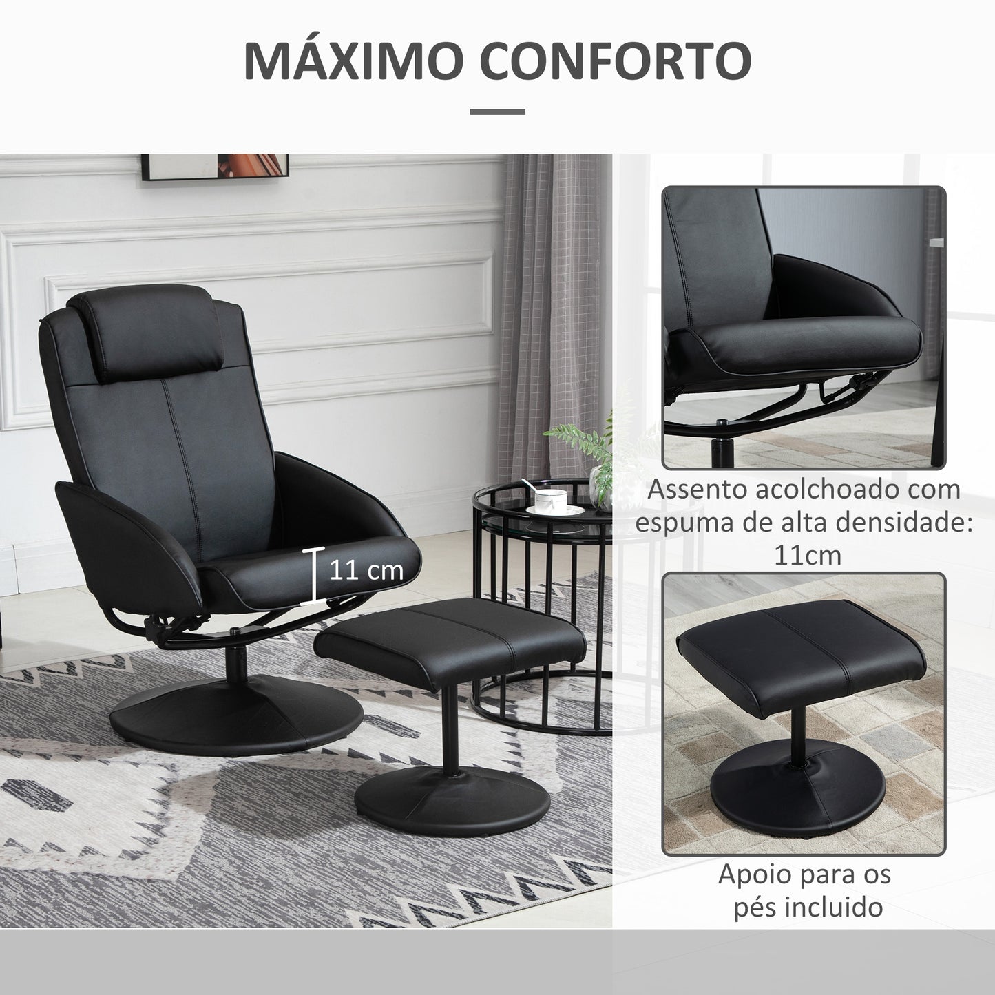 HOMCOM Poltrona Relax Reclinável até 145° com Banco de Apoio para os Pés Poltrona Giratória 360° Estofada em PU e Estrutura de Aço 78x67x98 cm Preto