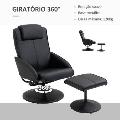 HOMCOM Poltrona Relax Reclinável até 145° com Banco de Apoio para os Pés Poltrona Giratória 360° Estofada em PU e Estrutura de Aço 78x67x98 cm Preto