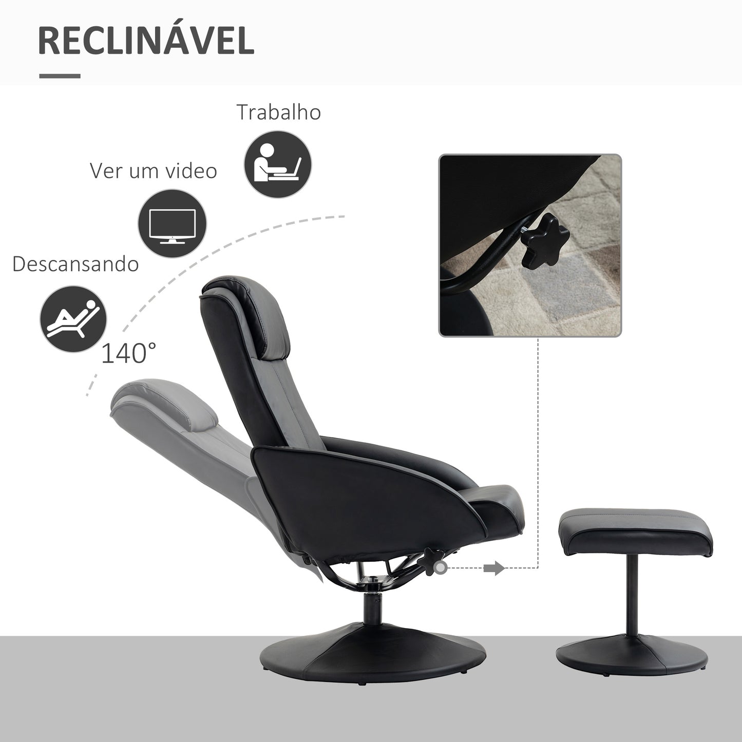 HOMCOM Poltrona Relax Reclinável até 145° com Banco de Apoio para os Pés Poltrona Giratória 360° Estofada em PU e Estrutura de Aço 78x67x98 cm Preto