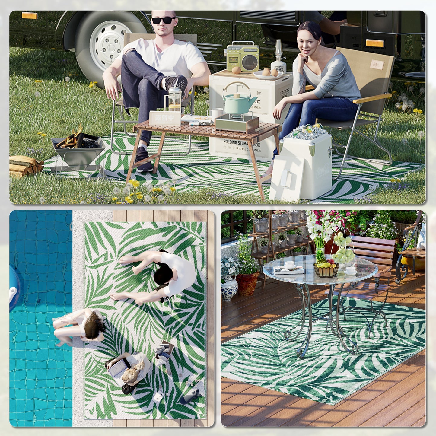 Outsunny Tapete de Exterior 152x243 cm Tapete Reversível com Padrão de Folhas para Varanda Pátio Campismo Praia Verde Escuro e Branco