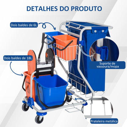 HOMCOM Carro de Limpeza Profissional com Balde Duplo Removível de 18 Litros Escorredor 2 Baldes Auxiliares e Bolsa de Lixo 100x70x103cm Azul e Laranja