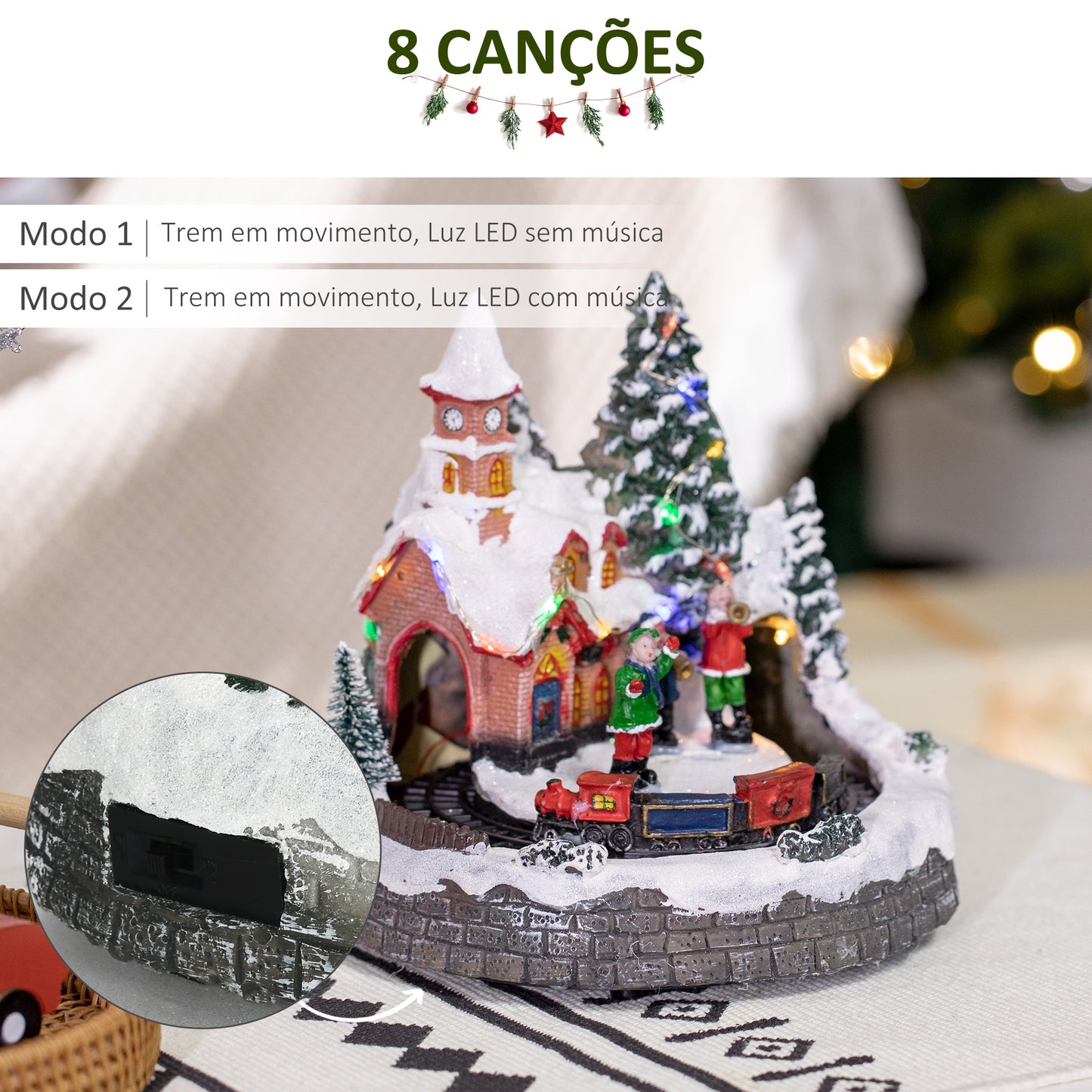 HOMCOM Aldeia de Natal Cena de Decoração Natalícia Iluminada com Luzes LED Trem Giratório e Música Decoração de Natal 20x19,5x20cm Multicor