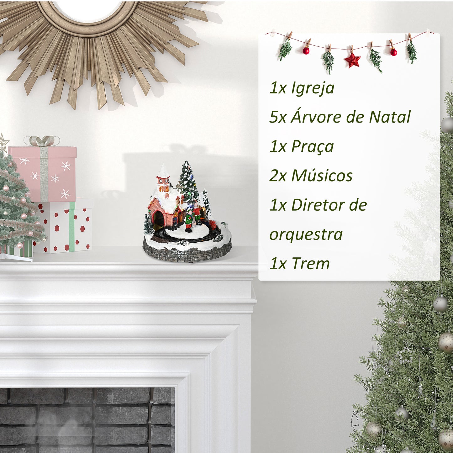 HOMCOM Aldeia de Natal Cena de Decoração Natalícia Iluminada com Luzes LED Trem Giratório e Música Decoração de Natal 20x19,5x20cm Multicor