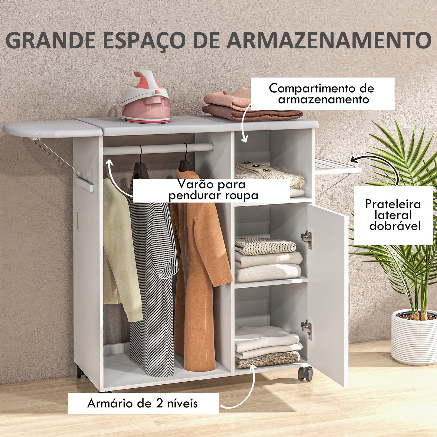 Móvel de Engomar de Madeira Móvel de Engomar com Rodas Barra para Pendurar Roupa Prateleira Aberta e Tábua Dobrável para Sala Quarto 107x42,5x99 cm Branco