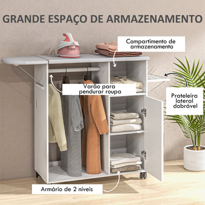 Móvel de Engomar de Madeira Móvel de Engomar com Rodas Barra para Pendurar Roupa Prateleira Aberta e Tábua Dobrável para Sala Quarto 107x42,5x99 cm Branco