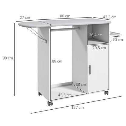 Móvel de Engomar de Madeira Móvel de Engomar com Rodas Barra para Pendurar Roupa Prateleira Aberta e Tábua Dobrável para Sala Quarto 107x42,5x99 cm Branco