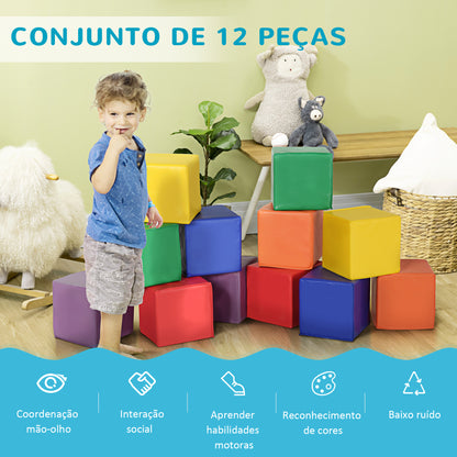 HOMCOM Conjunto de 12 Blocos Psicomotricidade para Crianças Blocos de Construção Figuras de Construção Brinquedo para Aprendizagem Multicor