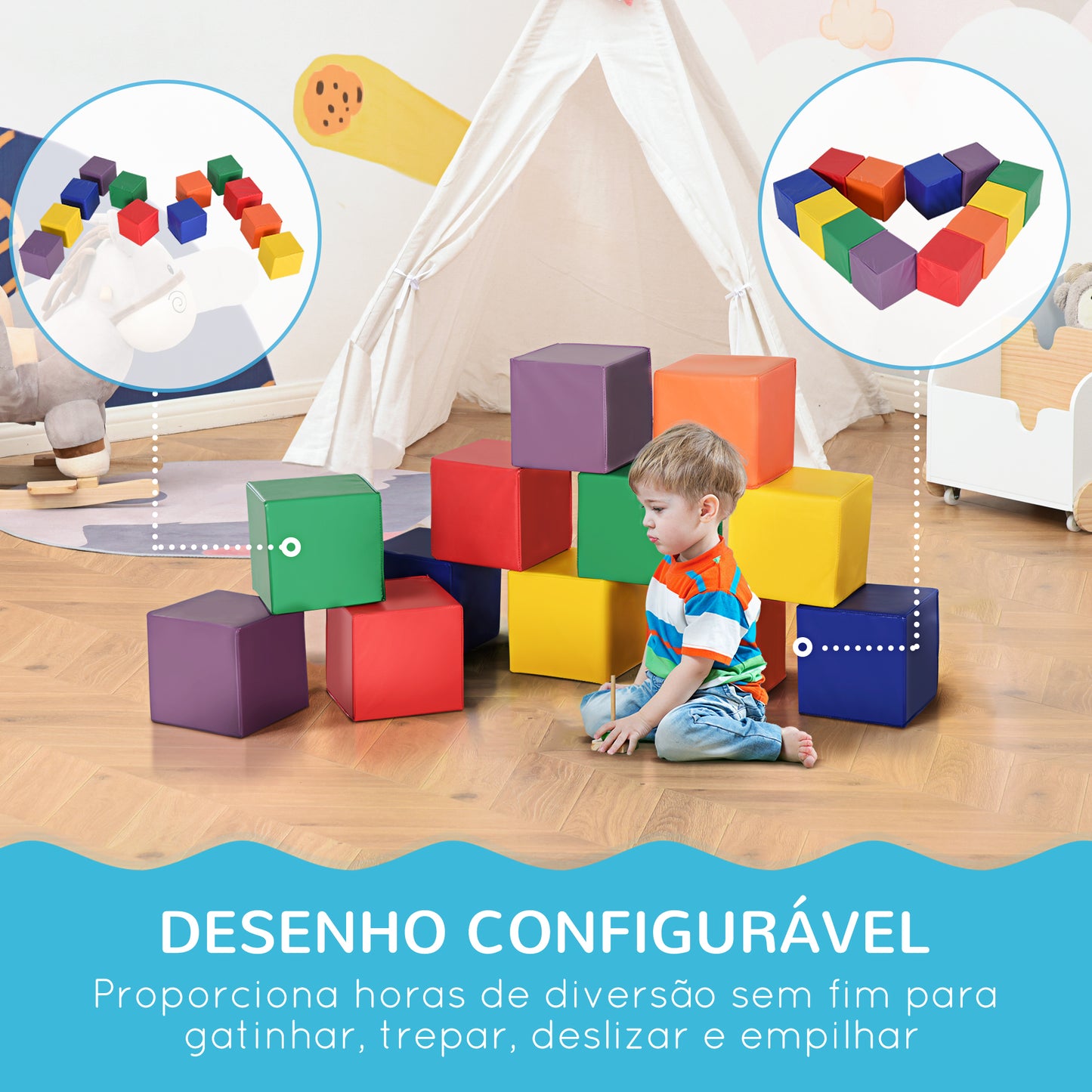 HOMCOM Conjunto de 12 Blocos Psicomotricidade para Crianças Blocos de Construção Figuras de Construção Brinquedo para Aprendizagem Multicor