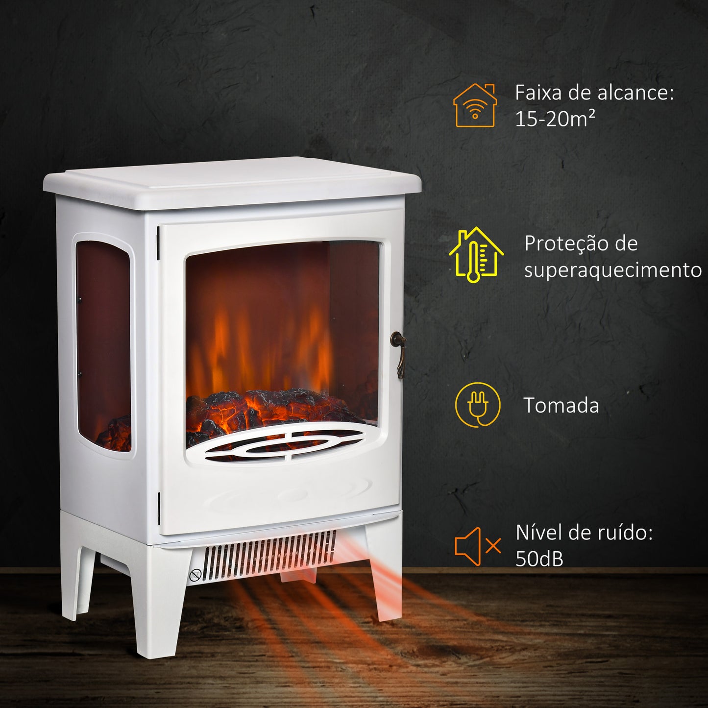 Lareira Elétrica "Porto" – 900W/1800W – 39x26x54,8 cm – Branca – Efeito de Chama Realista e Temperatura Ajustável