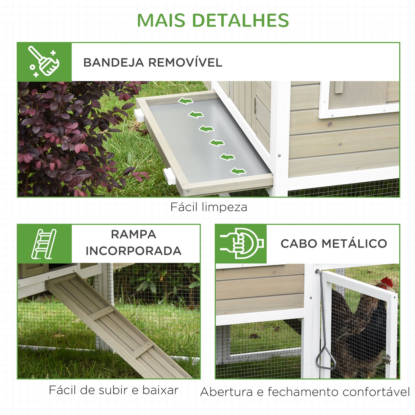 PawHut Galinheiro Exterior de Madeira de Abeto Gaiola para Galinhas com Zona Aberta Chocadeira Barras Bandeja Removível e Rampa 180x80,5x130cm Natural e Branco