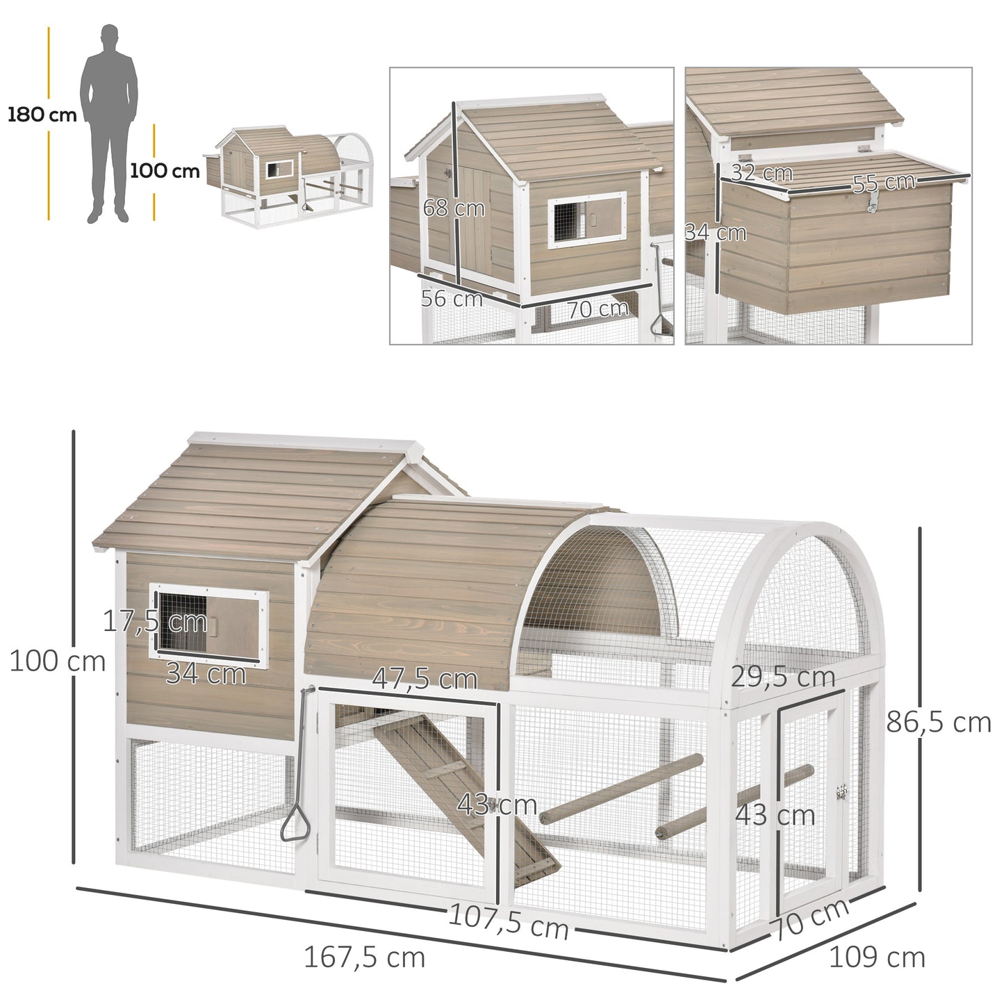 PawHut Galinheiro Exterior de Madeira de Abeto Gaiola para Galinhas com Zona Aberta Chocadeira Barras Bandeja Removível e Rampa 180x80,5x130cm Natural e Branco