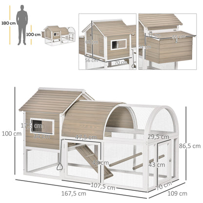 PawHut Galinheiro Exterior de Madeira de Abeto Gaiola para Galinhas com Zona Aberta Chocadeira Barras Bandeja Removível e Rampa 180x80,5x130cm Natural e Branco