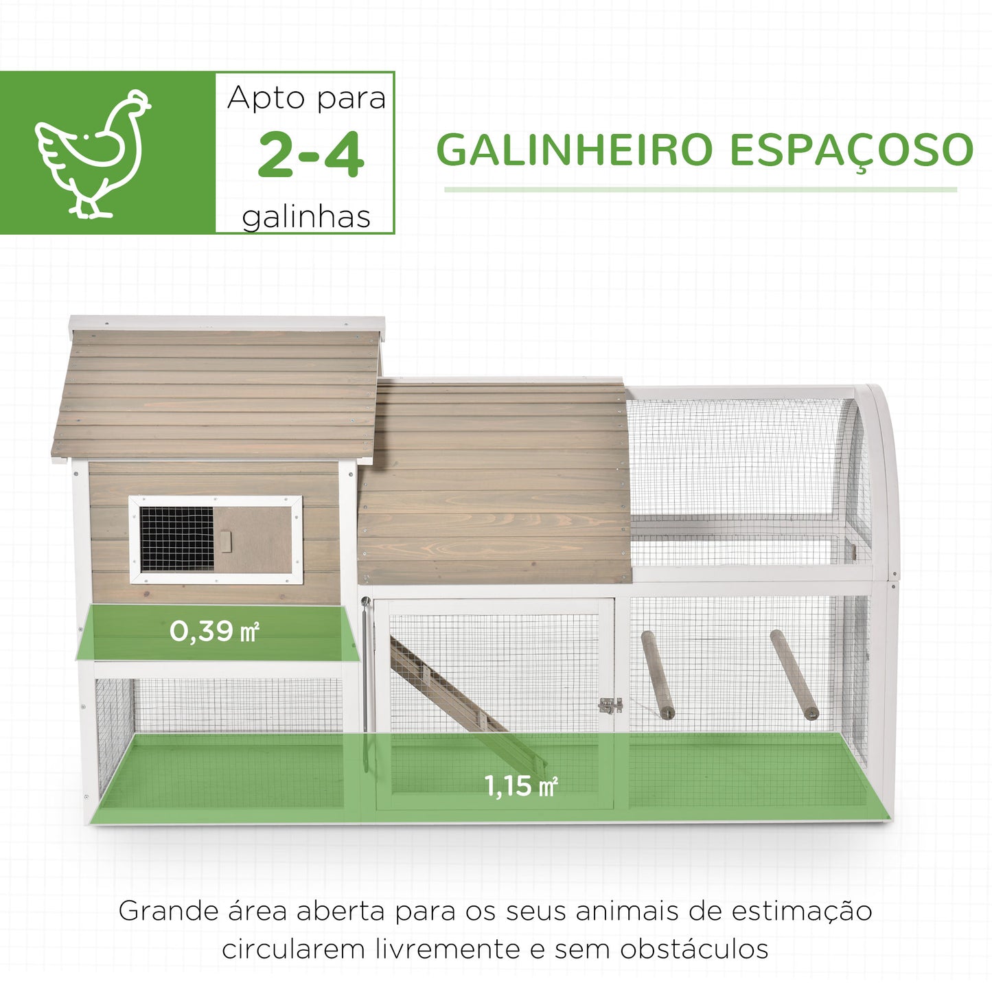 PawHut Galinheiro Exterior de Madeira de Abeto Gaiola para Galinhas com Zona Aberta Chocadeira Barras Bandeja Removível e Rampa 180x80,5x130cm Natural e Branco