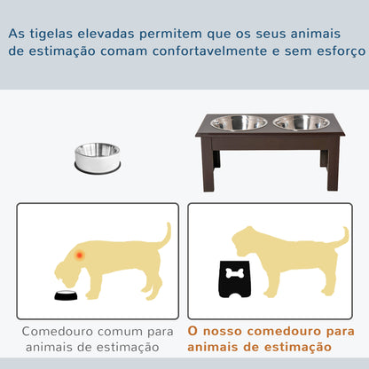 PawHut Comedouro Elevado para Cães com Suporte e 2 Tigelas Amovíveis de Aço Inoxidável Alimentador para Animais de Estimação 44x24x15 cm Marrom