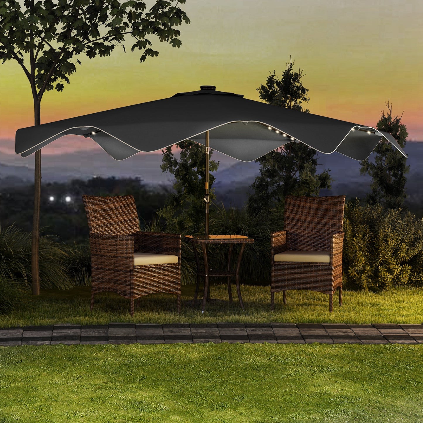 Outsunny Chapéu de Sol de Jardim Ø292x248 cm Chapéu de Sol com Manivela 32 Luzes LED Solares e 8 Hastes para Pátio Varanda Exterior Cinza Escuro