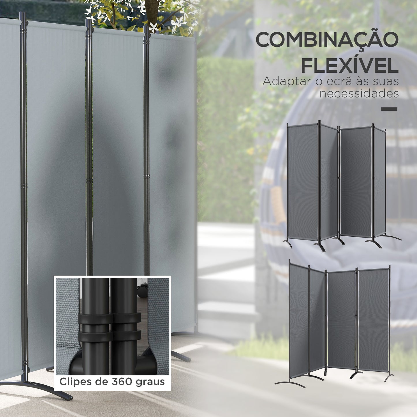 Outsunny Biombo Separador de Ambientes de 4 Painéis Biombo Dobrável 221x172 cm com Pés Largos Biombo Exterior para Terraço Pátio Jardim Cinza Escuro