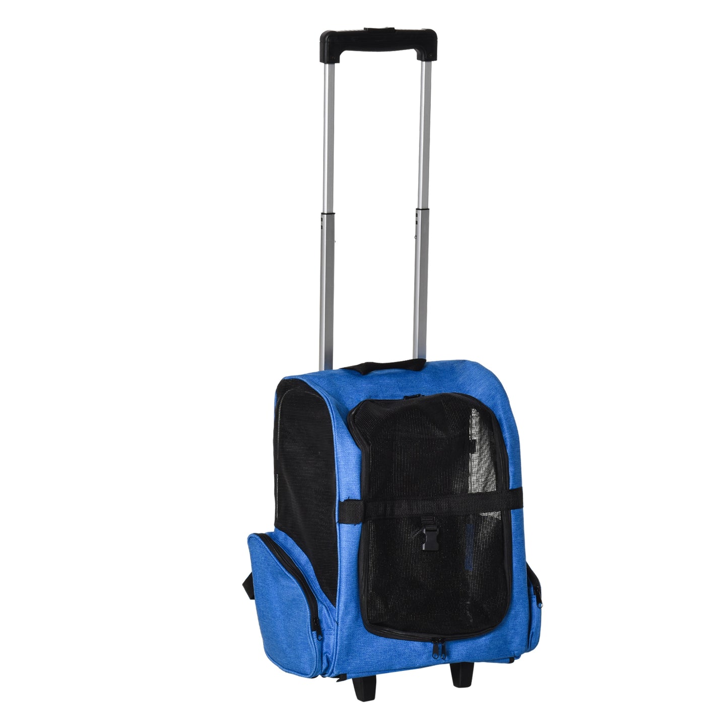 PawHut Transportadora Carrinho para Animais de Estimação 2 em 1 Mochila de Viagem com 2 Rodas para Cães Gatos com Alça Retrátil de Alumínio e Bolso de Armazenamento 42x25x55cm Azul